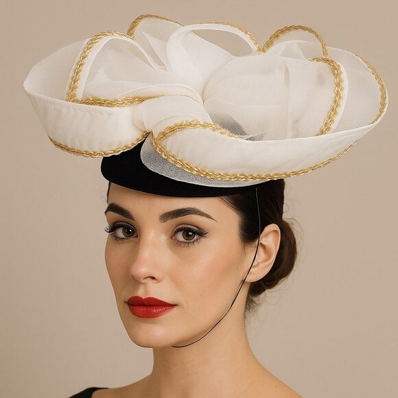 Vintage White Gold Trim Derby Fascinator Statement Church Hat - Picture 1 of 5